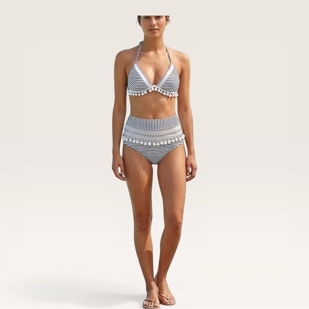 CocoShip 2-Pc Bikini High Waist‎ Bottoms in Black Stripe with Tassels Size 4